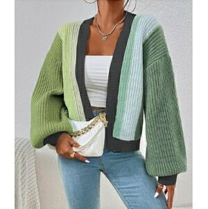 Women's Open Front Long Sleeve Ribbed Knit Cropped Cardigan Sweater Green